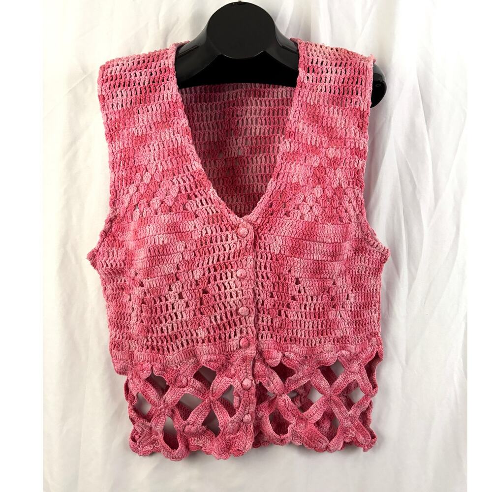 Vintage 90s AJ Pink Crochet Knit Vest Boho Cotton Button Front L/XL Cottagecore